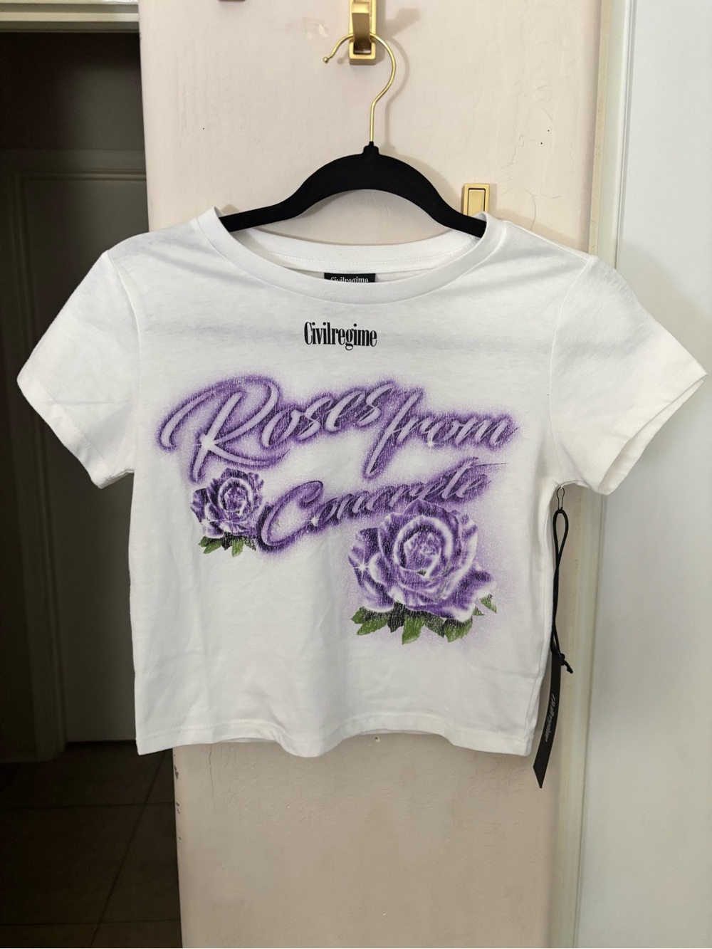 NWT Civilregime White Tee with Purple Rose Graphic, Size Small